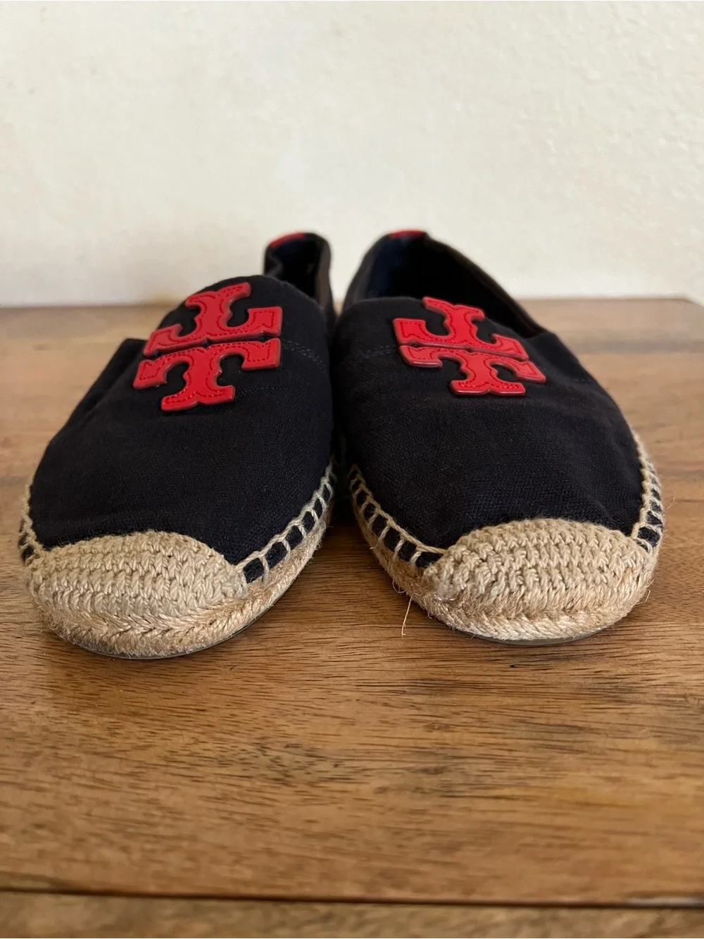 Tory Burch Weston Flat Espadrille Navy & Red Canvas Calf Logo Shoes, Size 10